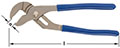 Adjustable groove joint pliers with blue rubber-coated handles and a bronze metal body. The pliers have a sliding mechanism to adjust the jaw size, allowing for a wide grip on objects. Measurement indicators are shown with arrows pointing to the length an